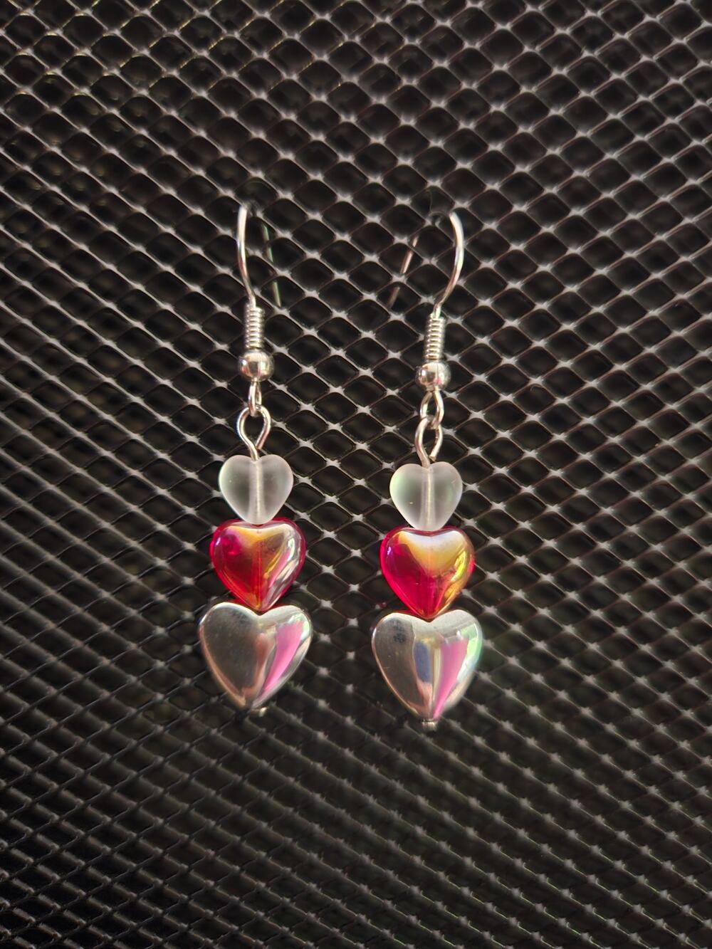 Silver hematite, red and clear glass triple heart dangle earrings